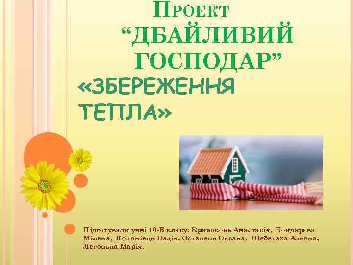 ПРОЕКТ “ДБАЙЛИВИЙ ГОСПОДАР” «ЗБЕРЕЖЕННЯ ТЕПЛА» Підготували учні 10 -Б класу: Кривоконь Анастасія, Бондарєва Мілена,