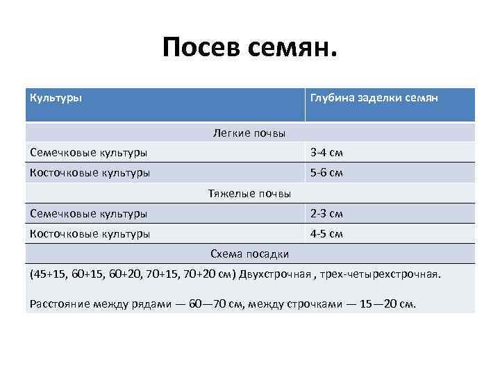 Посев семян. Культуры Глубина заделки семян Легкие почвы Семечковые культуры 3 4 см Косточковые