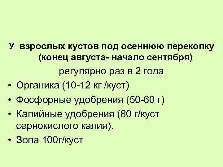 У взрослых кустов под осеннюю перекопку (конец августа- начало сентября) • • регулярно раз