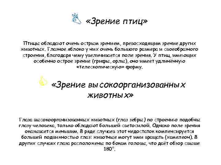 B «Зрение птиц» Птицы обладают очень острым зрением, превосходящим зрение других животных. Глазное яблоко