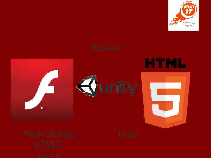 Технологии Клиент: Flash/Starling HTML 5 Unity 
