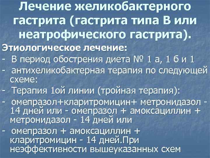 Лечение желикобактерного гастрита (гастрита типа В или неатрофического гастрита). Этиологическое лечение: - В период