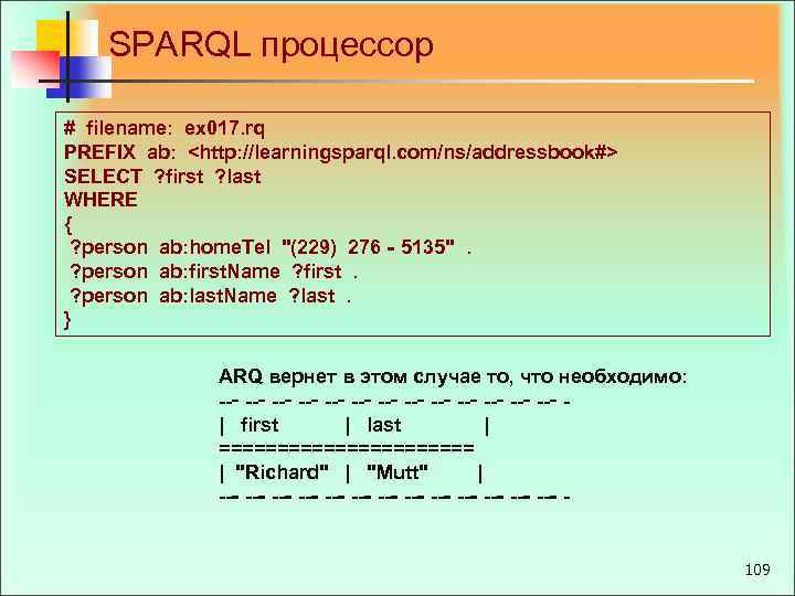 SPARQL процессор # filename: ex 017. rq PREFIX ab: <http: //learningsparql. com/ns/addressbook#> SELECT ?