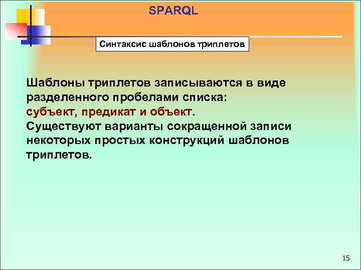 SPARQL Синтаксис шаблонов триплетов Шаблоны триплетов записываются в виде разделенного пробелами списка: субъект, предикат