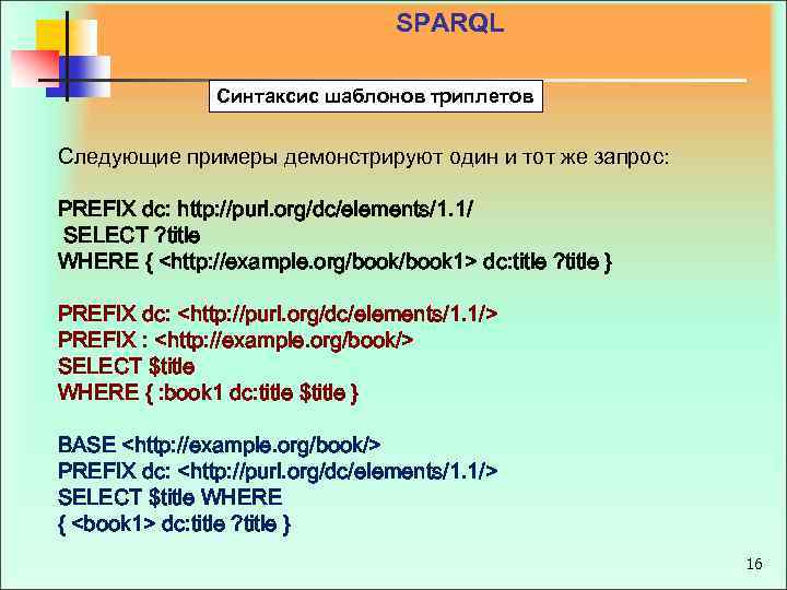 SPARQL Синтаксис шаблонов триплетов Следующие примеры демонстрируют один и тот же запрос: PREFIX dc: