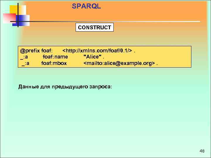 SPARQL CONSTRUCT @prefix foaf: <http: //xmlns. com/foaf/0. 1/>. _: a foaf: name "Alice". _: