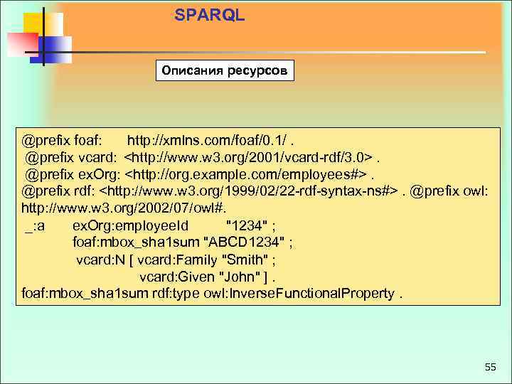 SPARQL Описания ресурсов @prefix foaf: http: //xmlns. com/foaf/0. 1/. @prefix vcard: <http: //www. w