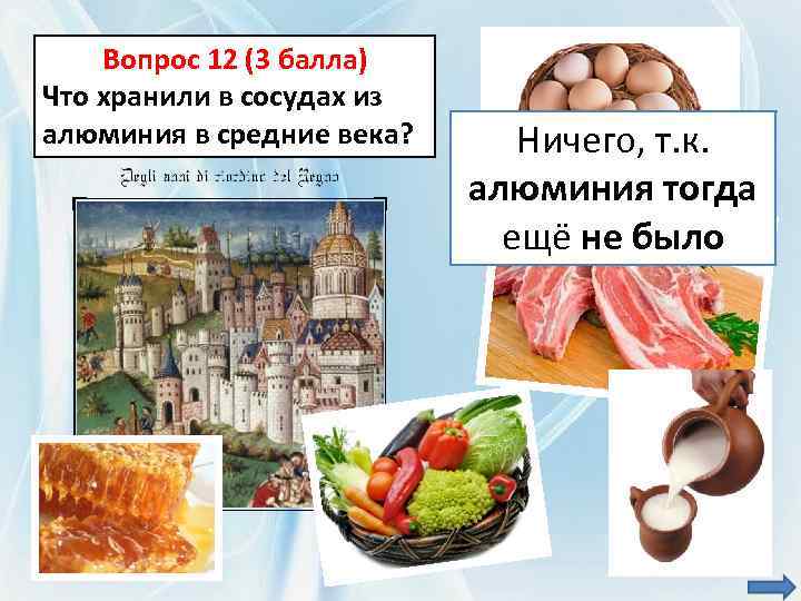 Вопрос 12 (3 балла) Что хранили в сосудах из алюминия в средние века? Ничего,
