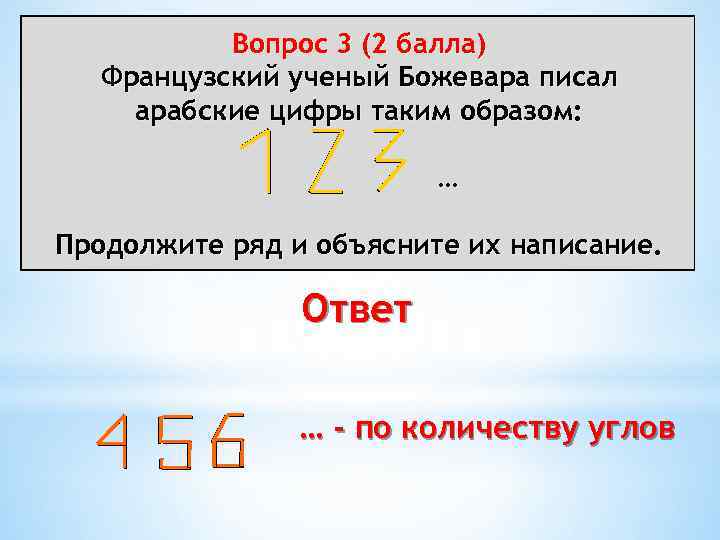 Вопрос 3 (2 балла) Французский ученый Божевара писал арабские цифры таким образом: … Продолжите