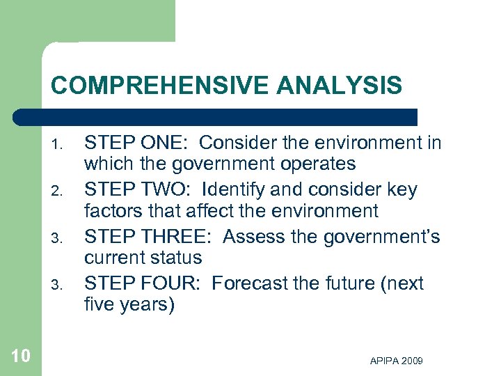 COMPREHENSIVE ANALYSIS 1. 2. 3. 3. 10 STEP ONE: Consider the environment in which