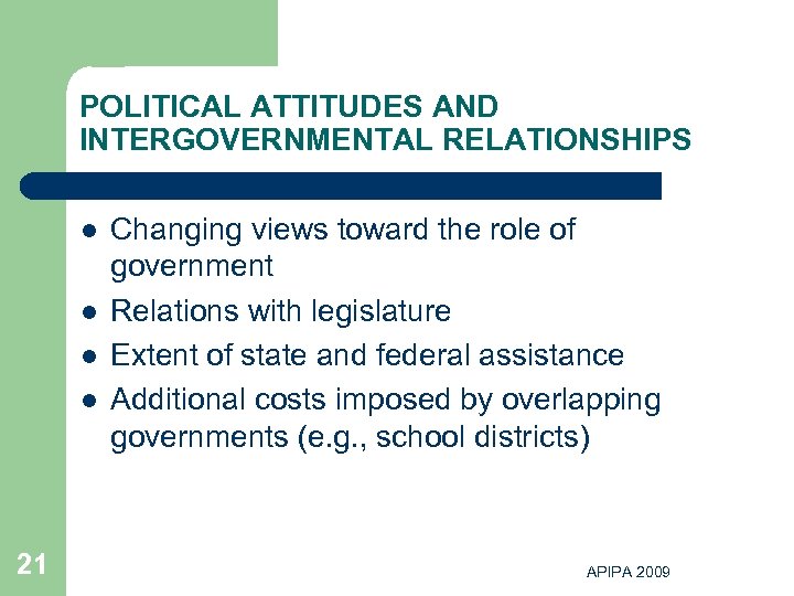 POLITICAL ATTITUDES AND INTERGOVERNMENTAL RELATIONSHIPS l l 21 Changing views toward the role of
