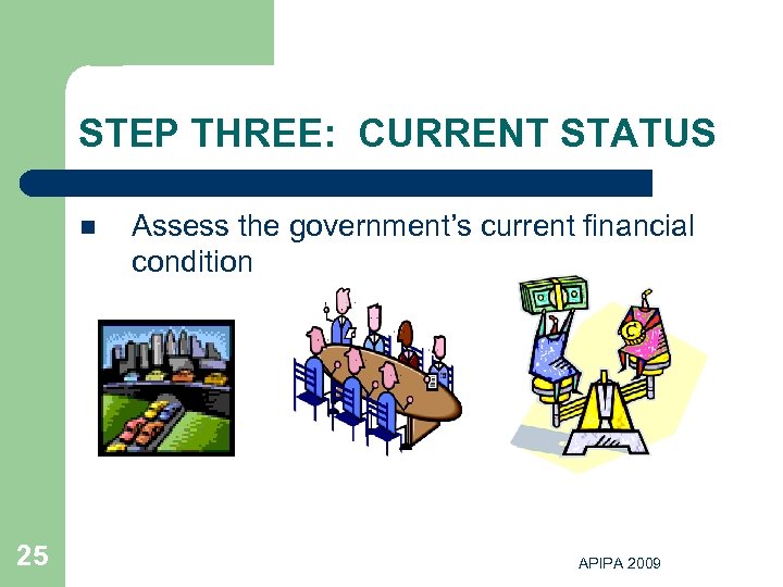 STEP THREE: CURRENT STATUS n 25 Assess the government’s current financial condition APIPA 2009