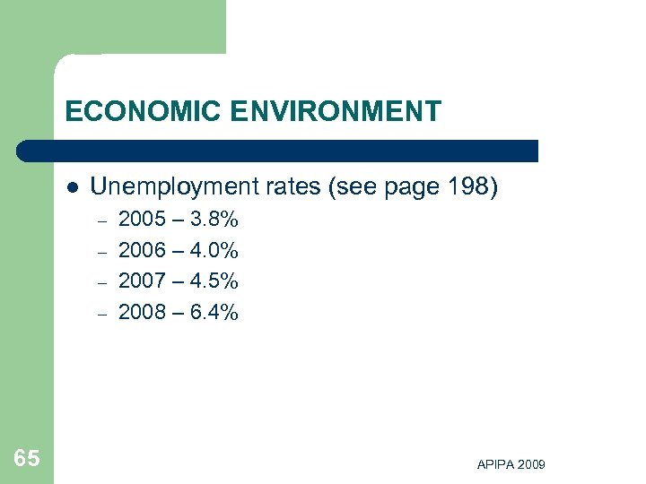 ECONOMIC ENVIRONMENT l Unemployment rates (see page 198) – – 65 2005 – 3.