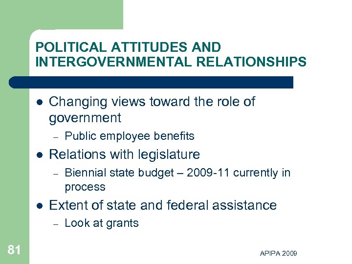 POLITICAL ATTITUDES AND INTERGOVERNMENTAL RELATIONSHIPS l Changing views toward the role of government –