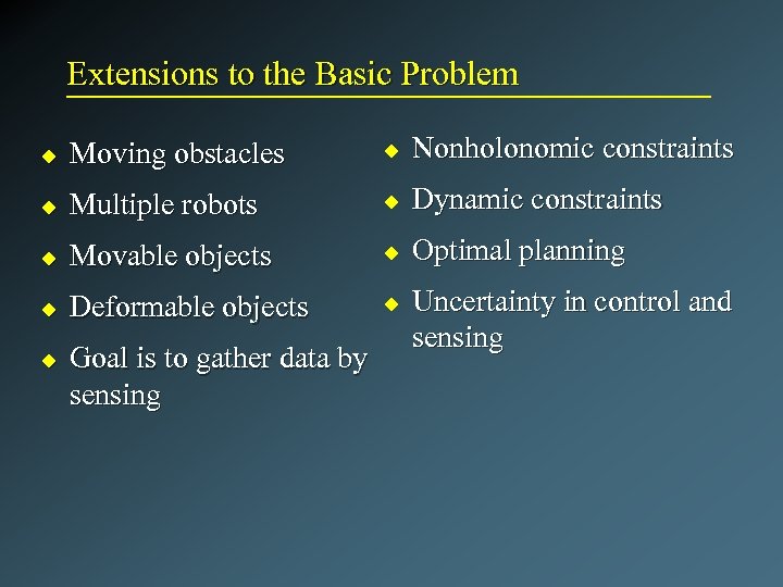 Extensions to the Basic Problem u Moving obstacles u Nonholonomic constraints u Multiple robots