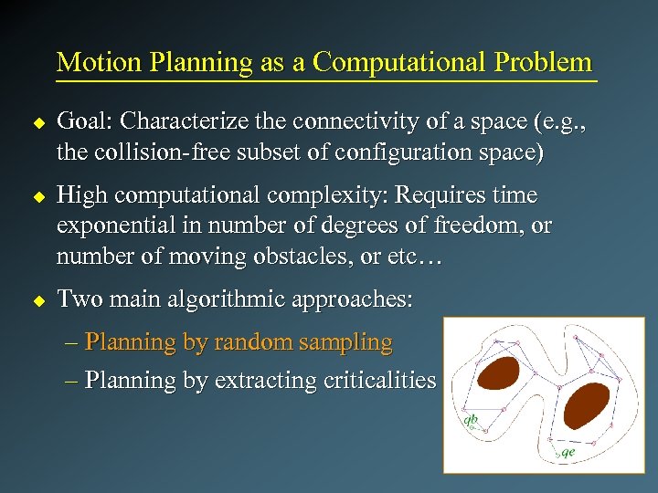 Motion Planning as a Computational Problem u u u Goal: Characterize the connectivity of