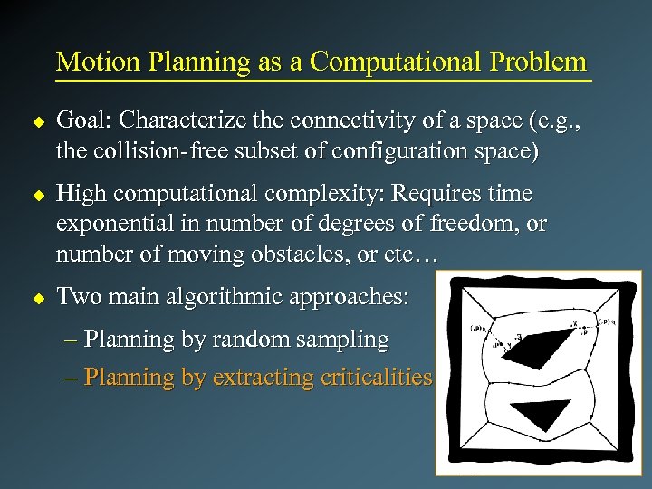 Motion Planning as a Computational Problem u u u Goal: Characterize the connectivity of