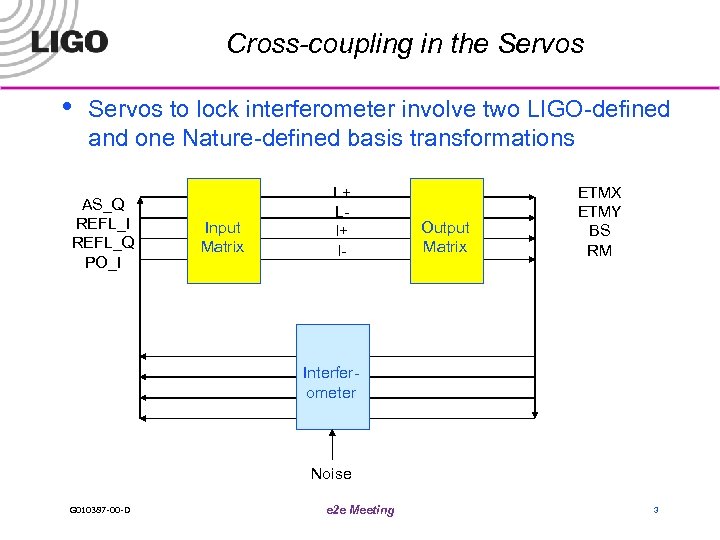 Cross-coupling in the Servos • Servos to lock interferometer involve two LIGO-defined and one