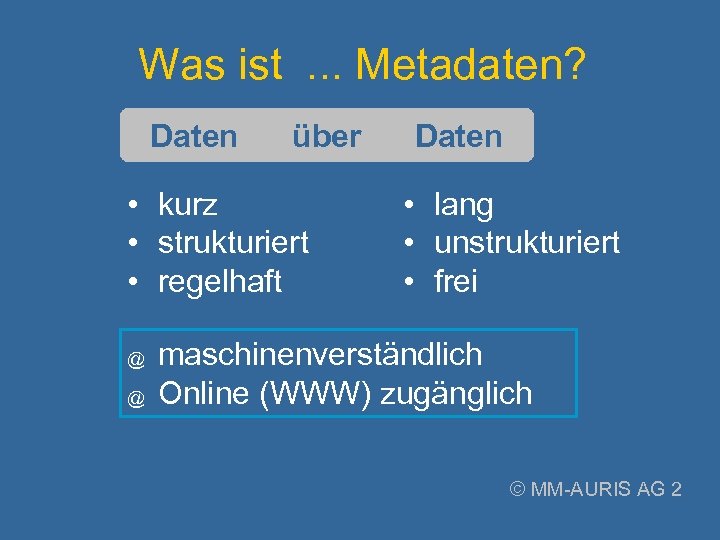 Was ist. . . Metadaten? Daten über • kurz • strukturiert • regelhaft @