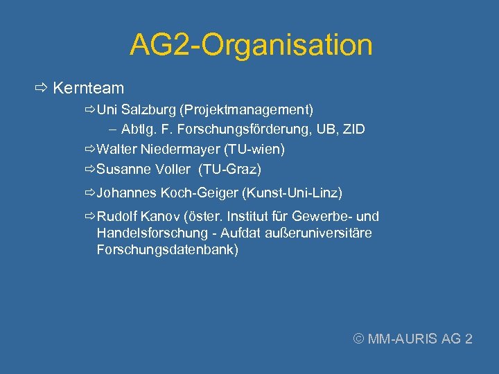 AG 2 -Organisation Kernteam Uni Salzburg (Projektmanagement) – Abtlg. F. Forschungsförderung, UB, ZID Walter