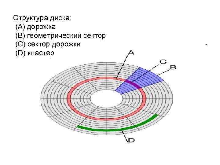 Структура диска: (A) дорожка (B) геометрический сектор (C) сектор дорожки (D) кластер 