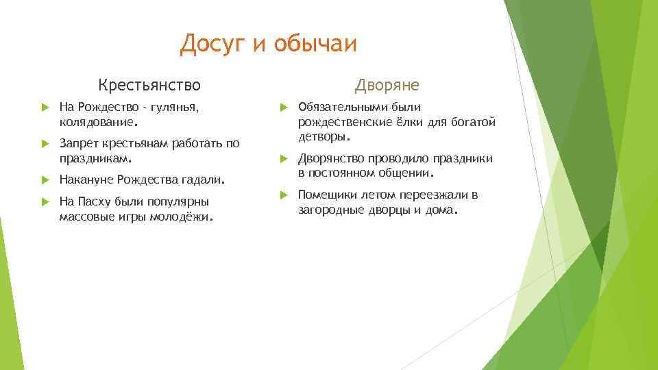 Досуг и обычаи Крестьянство На Рождество – гулянья, колядование. Запрет крестьянам работать по праздникам.