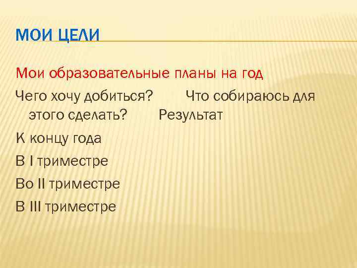 МОИ ЦЕЛИ Мои образовательные планы на год Чего хочу добиться? Что собираюсь для этого
