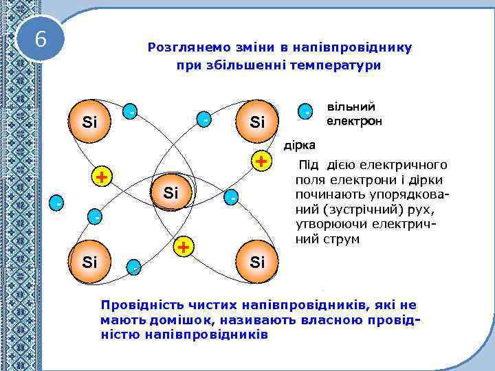 6 Розглянемо зміни в напівпровіднику при збільшенні температури - Si Si + + -