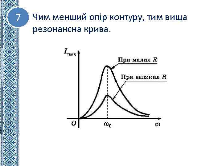 7 Чим менший опір контуру, тим вища резонансна крива. 