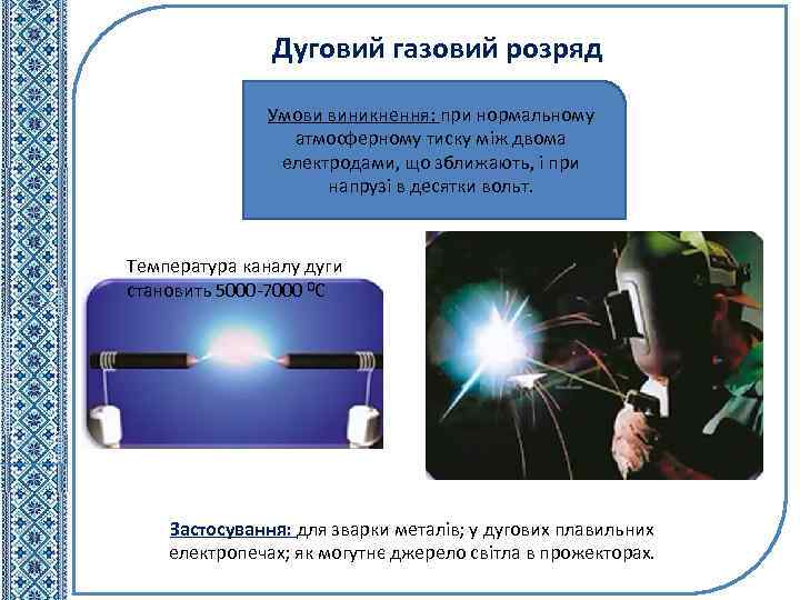 Дуговий газовий розряд Умови виникнення: при нормальному атмосферному тиску між двома електродами, що зближають,