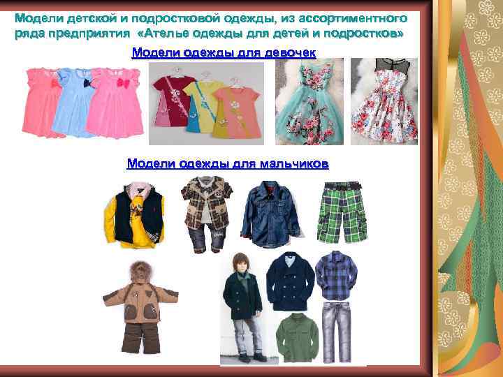 Модели детской и подростковой одежды, из ассортиментного ряда предприятия «Ателье одежды для детей и