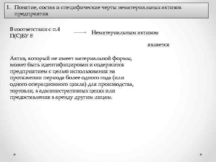 1. Понятие, состав и специфические черты нематериальных активов предприятия В соответствии с п. 4