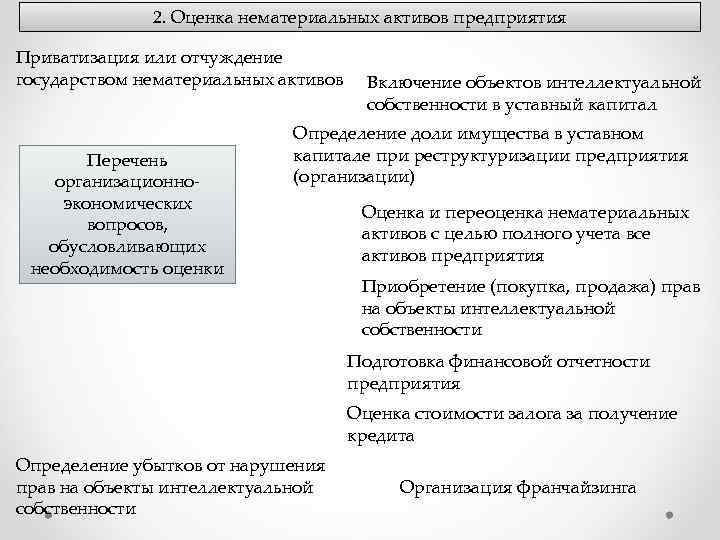 2. Оценка нематериальных активов предприятия Приватизация или отчуждение государством нематериальных активов Перечень организационноэкономических вопросов,