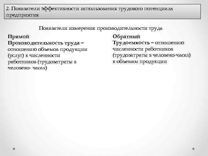 2. Показатели эффективности использования трудового потенциала предприятия Показатели измерения производительности труда Прямой Производительность труда