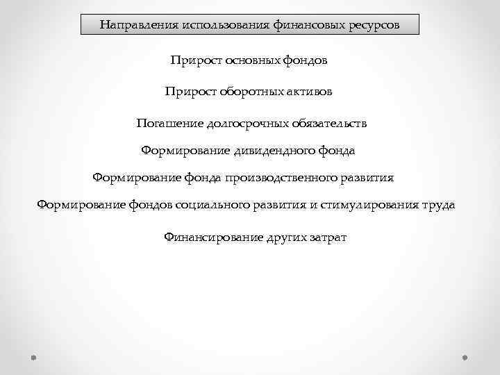 Направления использования финансовых ресурсов Прирост основных фондов Прирост оборотных активов Погашение долгосрочных обязательств Формирование
