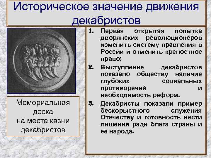 Историческое значение движения декабристов 1. 2. Мемориальная доска на месте казни декабристов 3. Первая