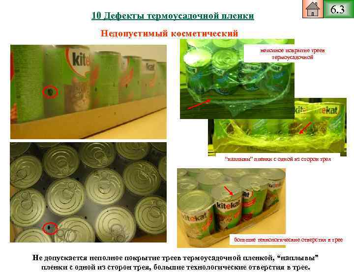 6. 3 10 Дефекты термоусадочной пленки Недопустимый косметический неполное покрытие треев термоусадочной “наплывы” пленки