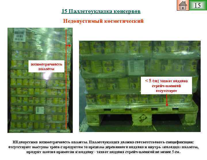 15 15 Паллетоукладка консервов Недопустимый косметический ассиметричность паллеты < 5 см; захват поддона стрейч-пленкой
