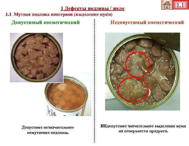 1 Дефекты подливы / желе 1. 1 Мутная подлива консервов (выделение муки) Допустимый косметический