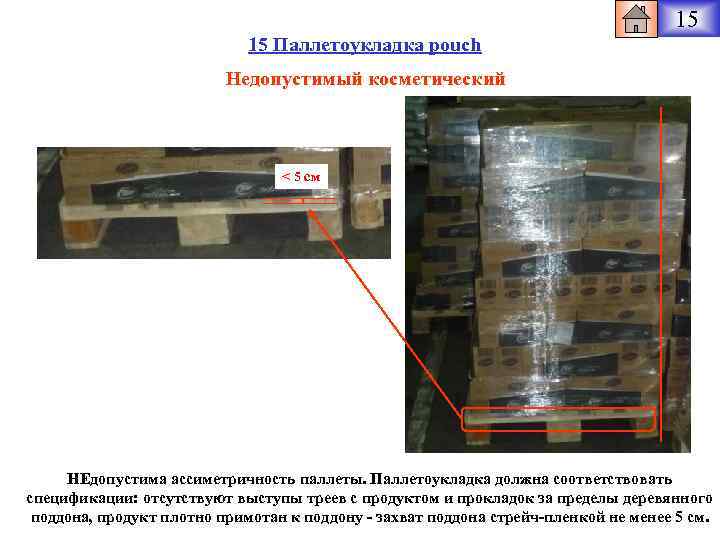15 15 Паллетоукладка pouch Недопустимый косметический < 5 см НЕдопустима ассиметричность паллеты. Паллетоукладка должна