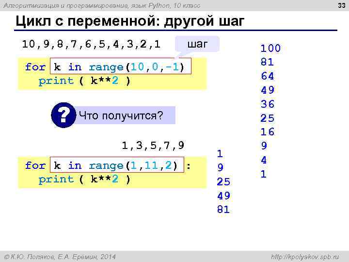 33 Алгоритмизация и программирование, язык Python, 10 класс Цикл с переменной: другой шаг 10,