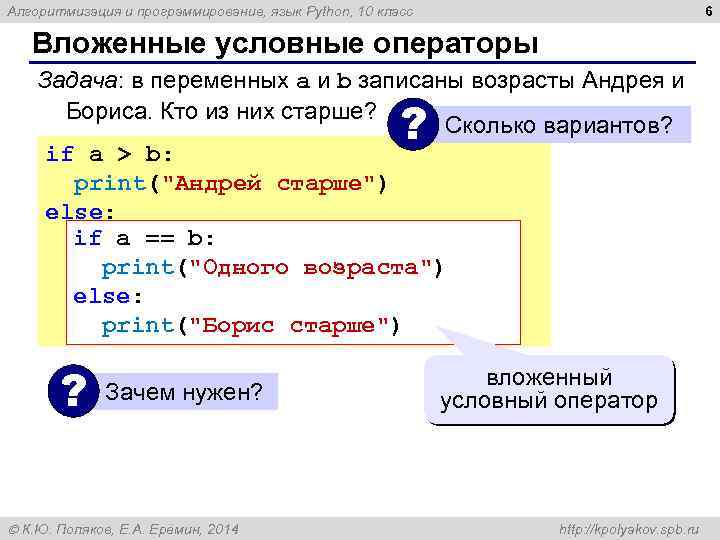 6 Алгоритмизация и программирование, язык Python, 10 класс Вложенные условные операторы Задача: в переменных