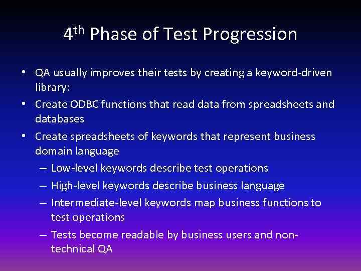 4 th Phase of Test Progression • QA usually improves their tests by creating