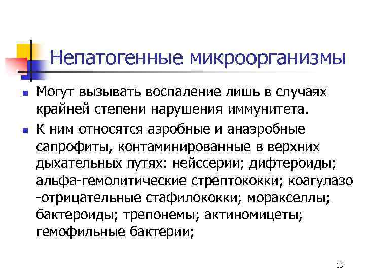 Непатогенные микроорганизмы n n Могут вызывать воспаление лишь в случаях крайней степени нарушения иммунитета.