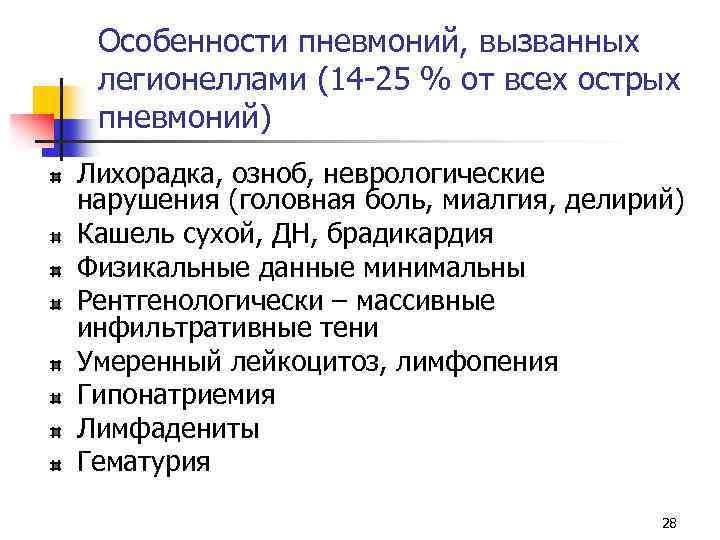 Особенности пневмоний, вызванных легионеллами (14 -25 % от всех острых пневмоний) Лихорадка, озноб, неврологические