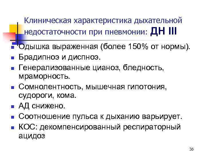 Клиническая характеристика дыхательной недостаточности при пневмонии: ДН III n n n n Одышка выраженная