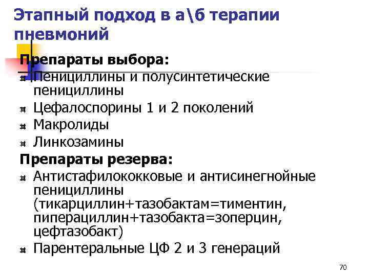 Этапный подход в аб терапии пневмоний Препараты выбора: Пенициллины и полусинтетические пенициллины Цефалоспорины 1