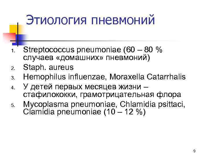 Этиология пневмоний 1. 2. 3. 4. 5. Streptococcus pneumoniae (60 – 80 % случаев