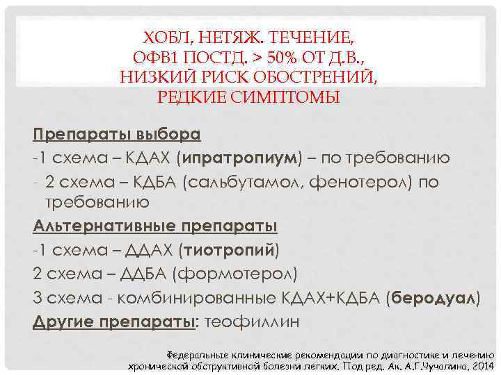 ХОБЛ, НЕТЯЖ. ТЕЧЕНИЕ, ОФВ 1 ПОСТД. > 50% ОТ Д. В. , НИЗКИЙ РИСК
