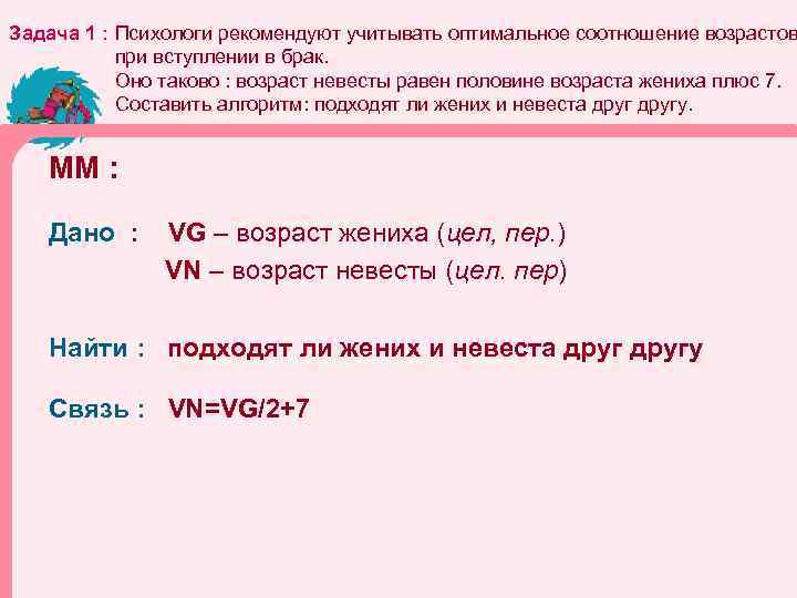 Задача 1 : Психологи рекомендуют учитывать оптимальное соотношение возрастов при вступлении в брак. Оно